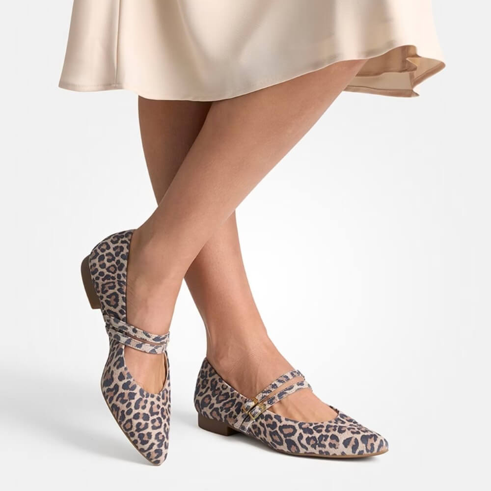 person wearing leopard print Maryjane Ballerinas