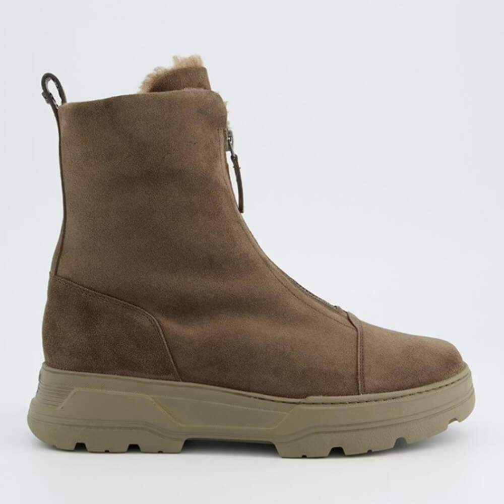 Brown suede boot with fur lining on a light gray background Paul Green Soft Suede Ankle Boot 8243 Earth Brown