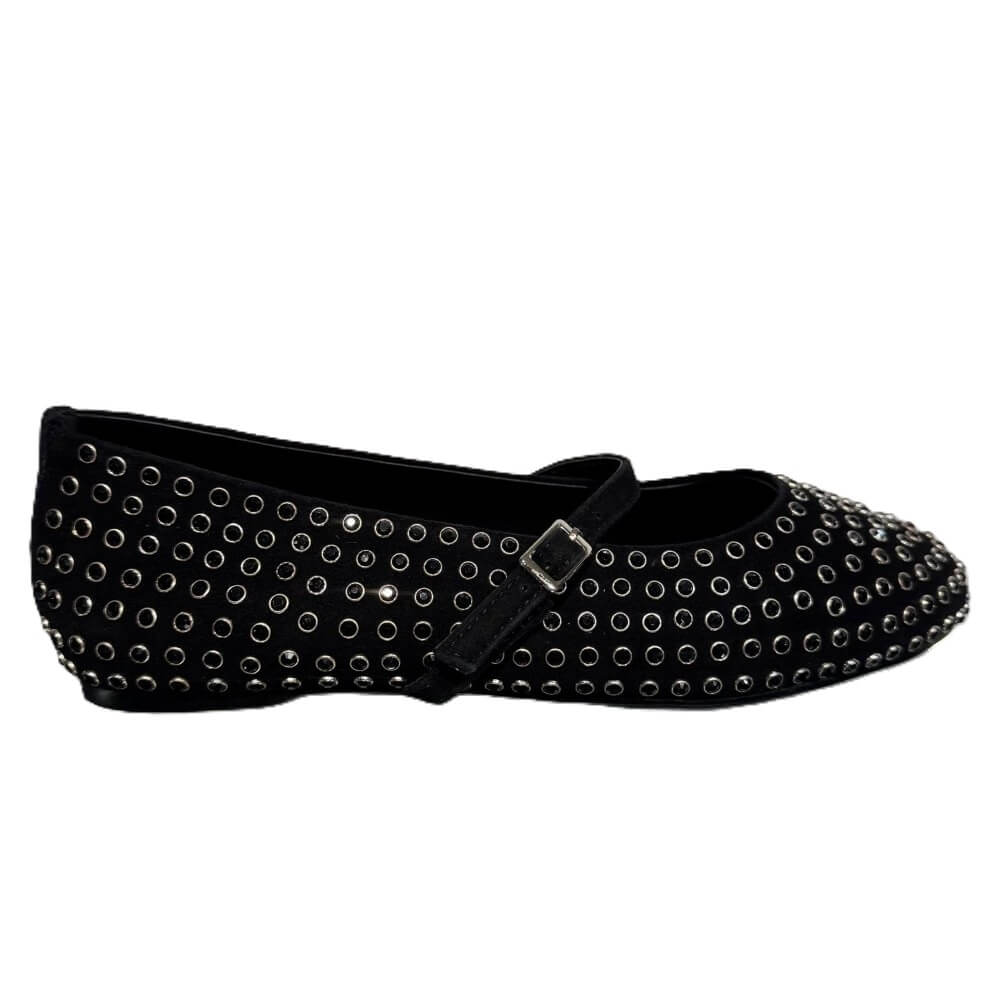 A Pedro Anton Black flat shoe decorated with silver-tone metal studs and a matching black strap with a silver buckle, shown against a plain white background.