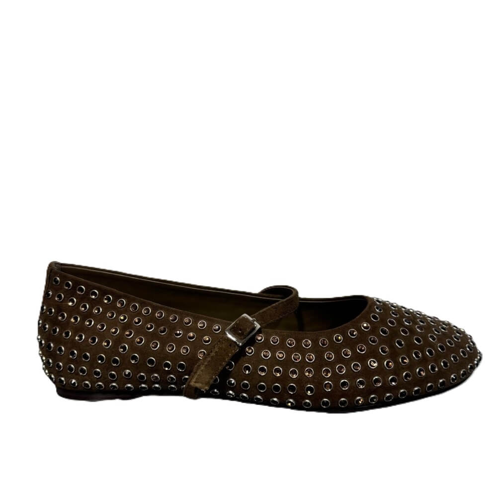 A Pedro Anton Khaki Green flat shoe decorated with silver-tone metal studs and a matching Khaki strap with a silver buckle, shown against a plain white background.