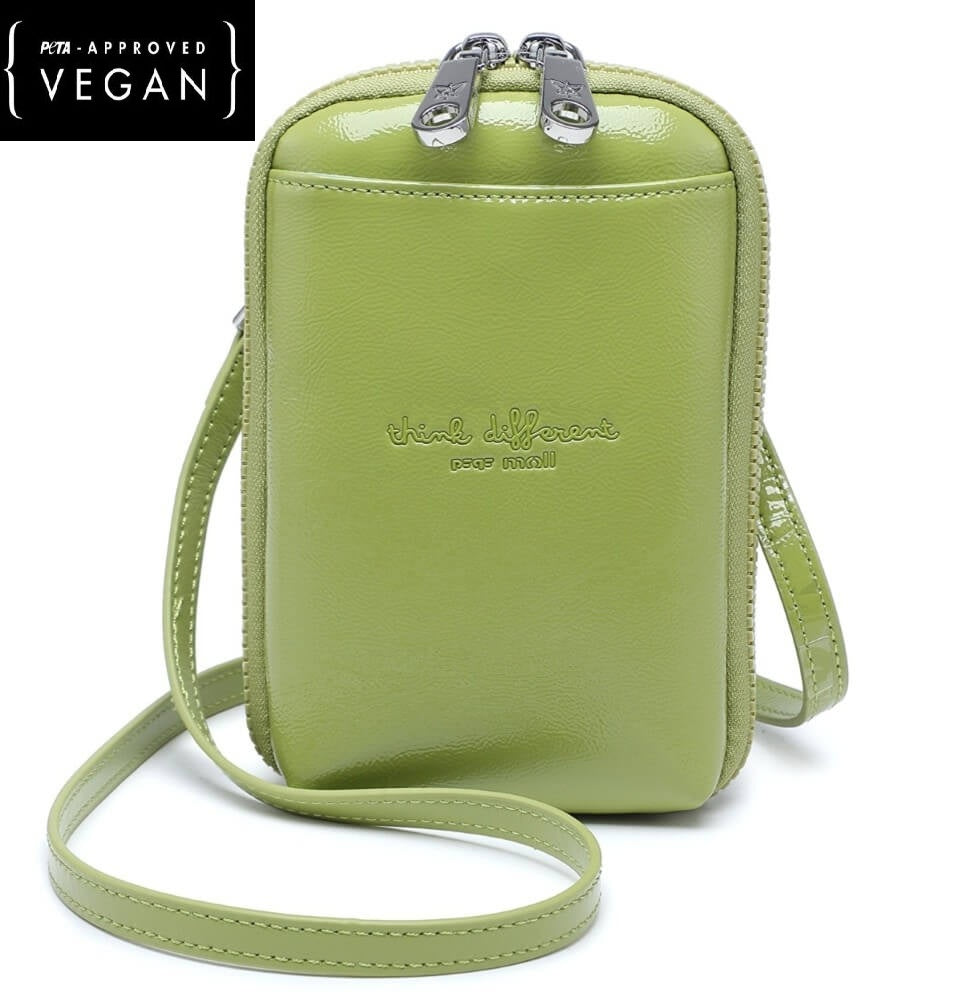 Pepe Moll Green vegan handbag with a strap on a white background, featuring 'vegan' certification.