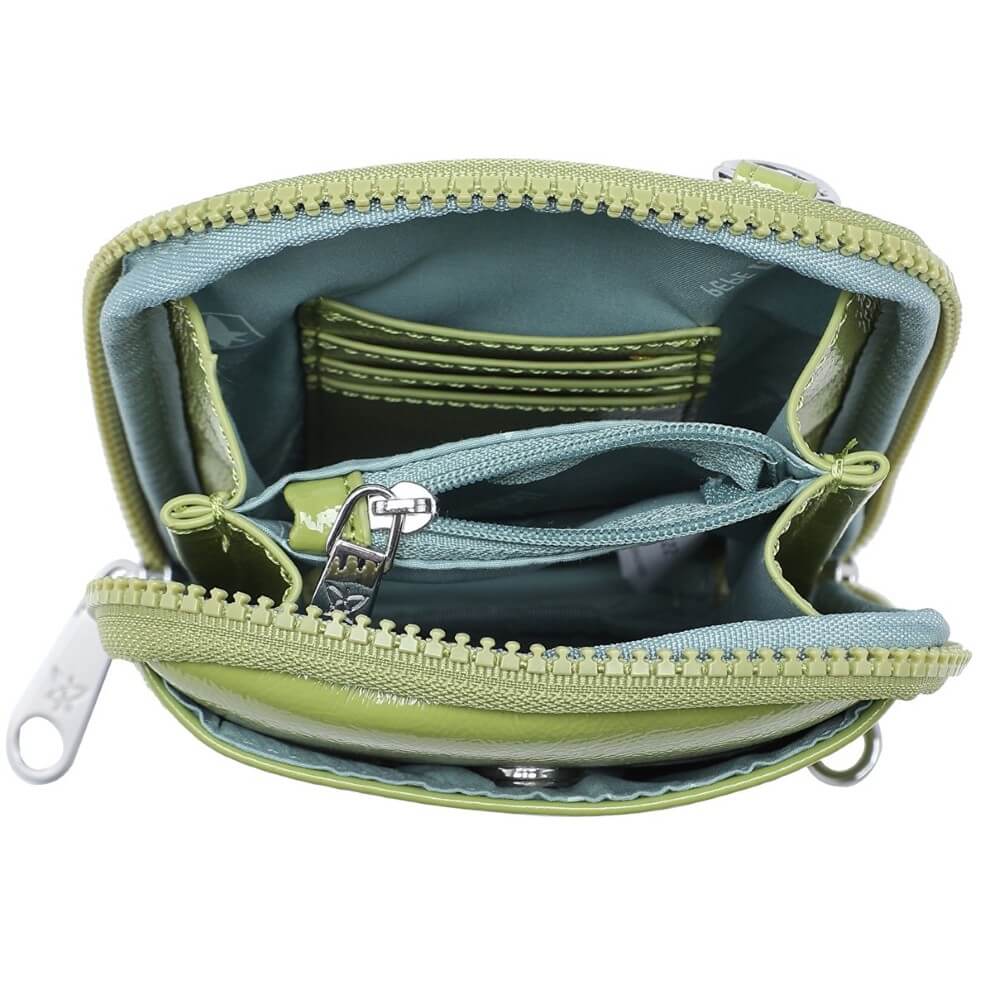 Pepe Moll Green leather crossbody bag with silver hardware on a white background