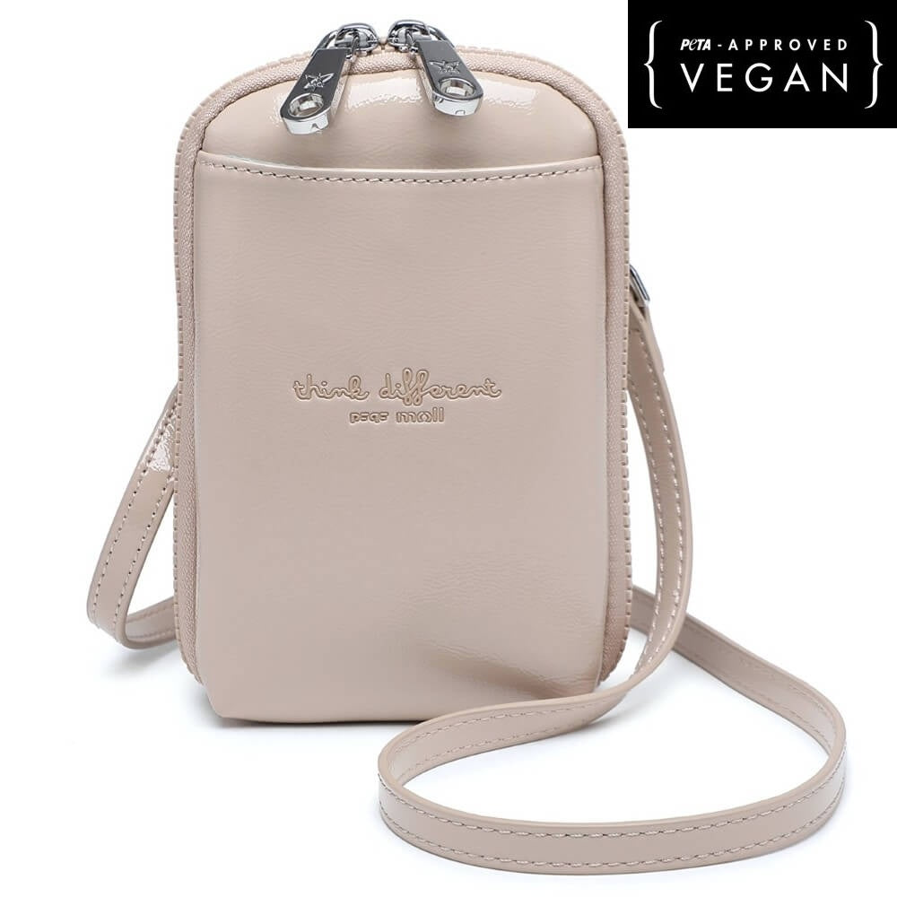 Pepe Moll Vegan Beige crossbody bag with a strap on a white background, featuring 'think different' branding.