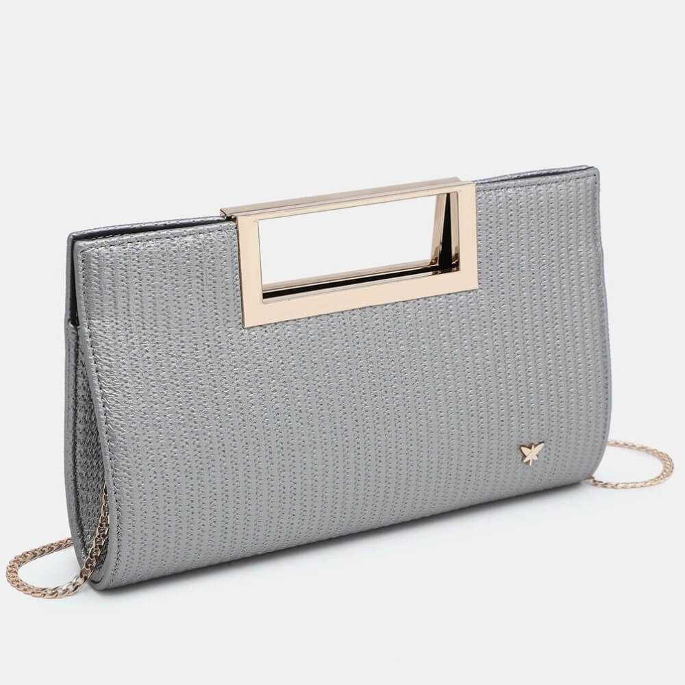 Gray clutch bag with a gold handle on a white background
