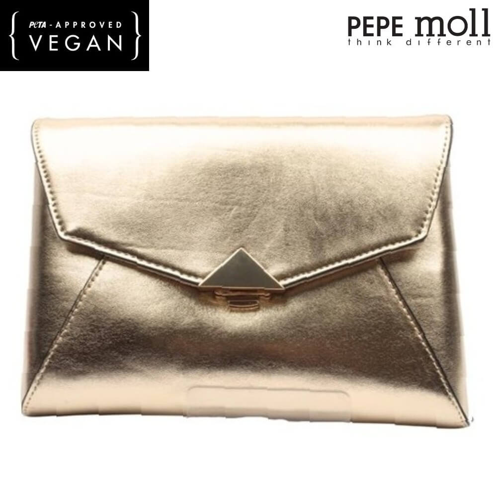 Gold clutch bag with 'PEPE moll' branding on a white background