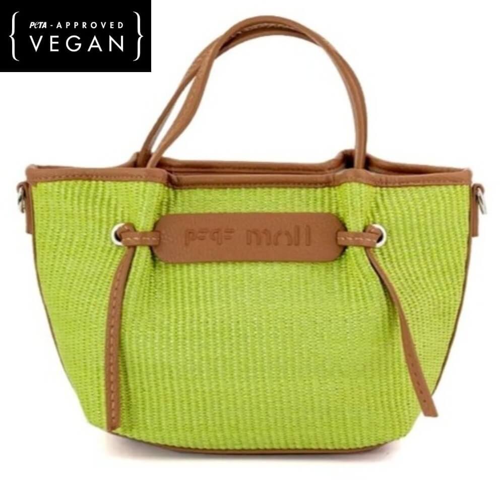 Pepe Moll Lime Green handbag with brown accents on a white background, featuring PETA-approved vegan label.