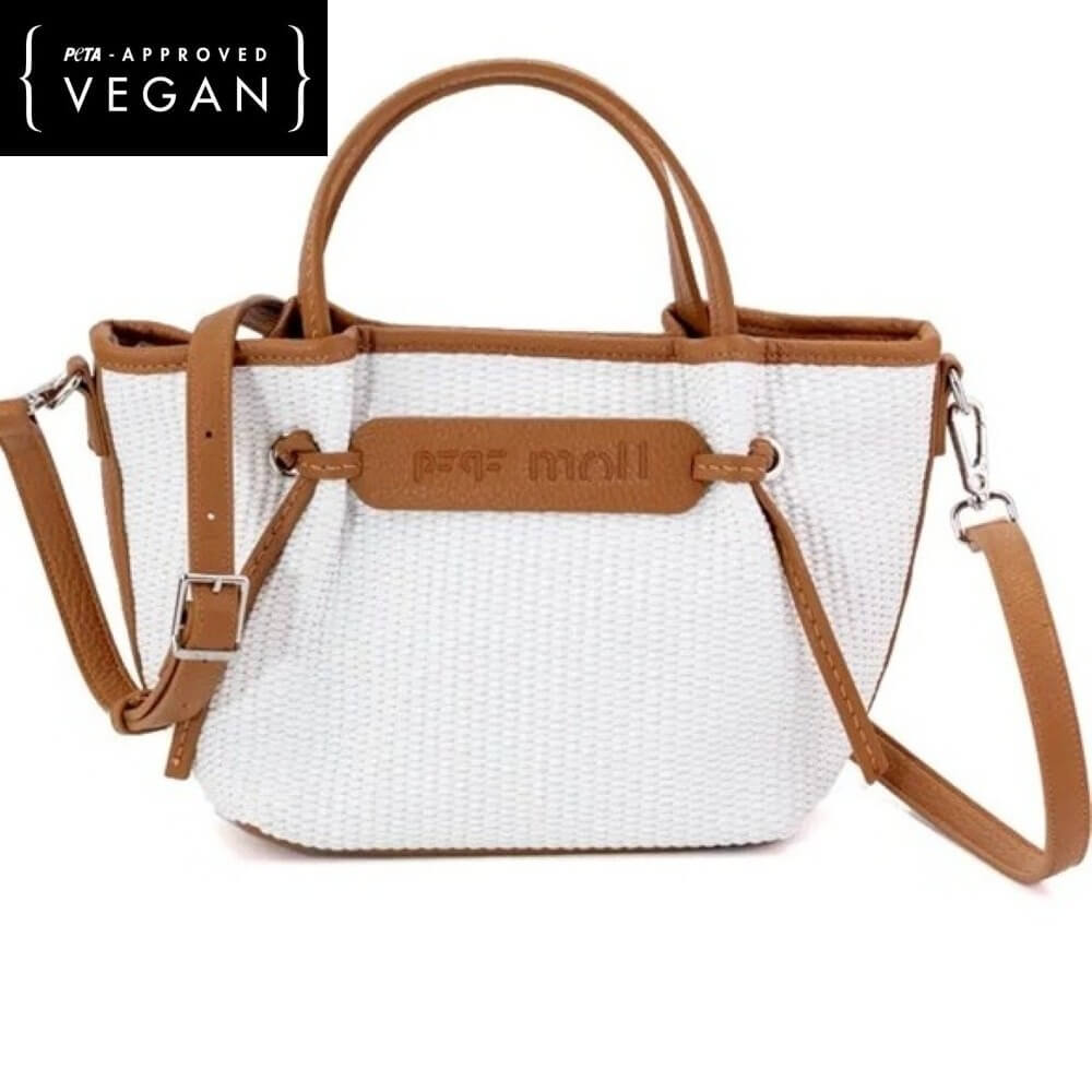 Pepe moll White woven handbag with brown straps and handle on a white background, featuring 'PETA APPROVED VEGAN' label.