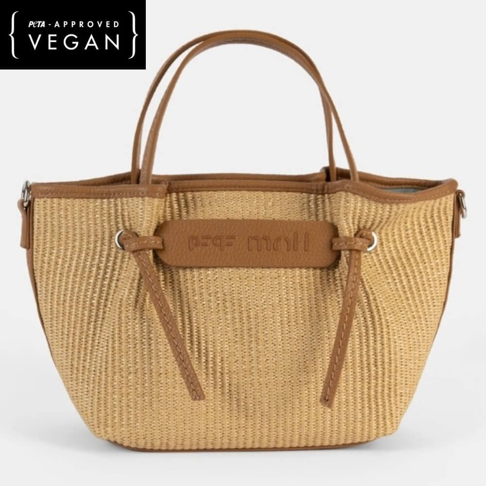 Pepe moll Beige woven handbag with brown leather accents on a white background, featuring 'Pepe Moll' branding. Vegan
