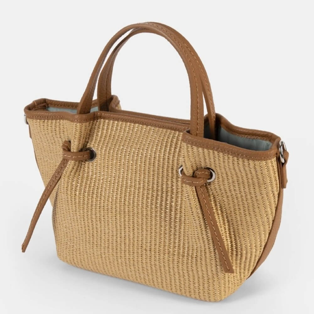 Pepe moll Beige woven handbag with brown leather accents on a white background, featuring 'Pepe Moll' branding. Vegan
