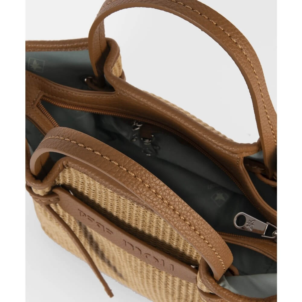 Pepe moll Beige woven handbag with brown leather accents on a white background, featuring 'Pepe Moll' branding. Vegan