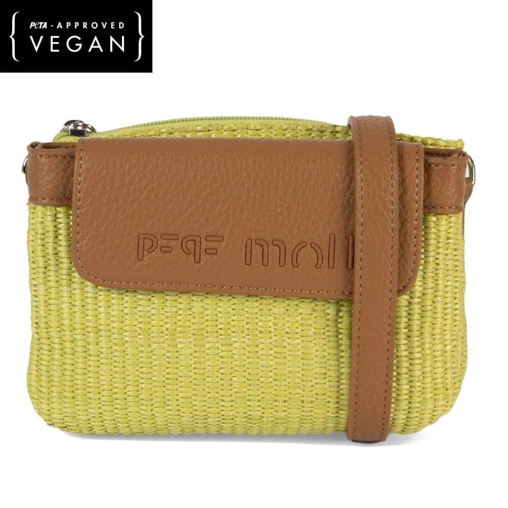 Lime woven bag with brown leather effect strap and 'Pepe Moll' branding on a white background. Vegan