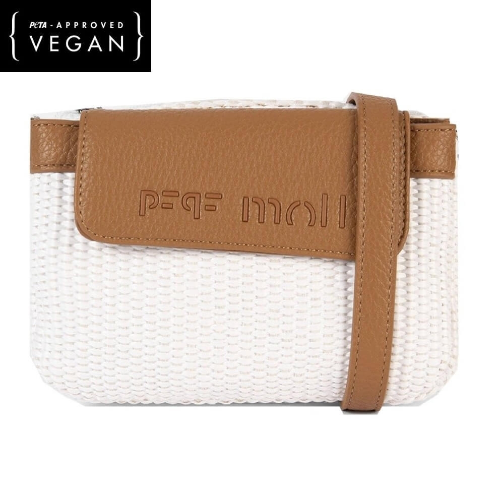 White woven pouch with brown leather flap and 'pepe moll' branding on a white background.