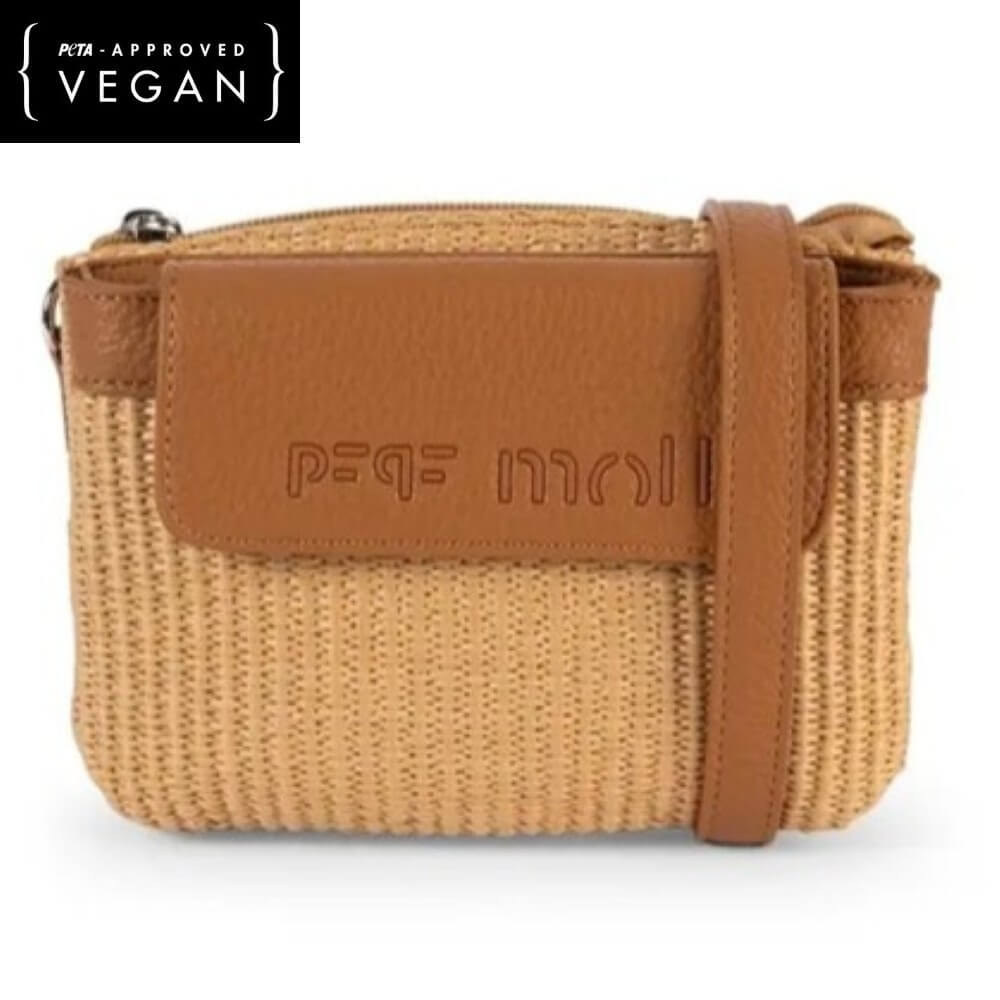 Pepe Moll Vegan handbag with brown strap and visible brand logo on a white background