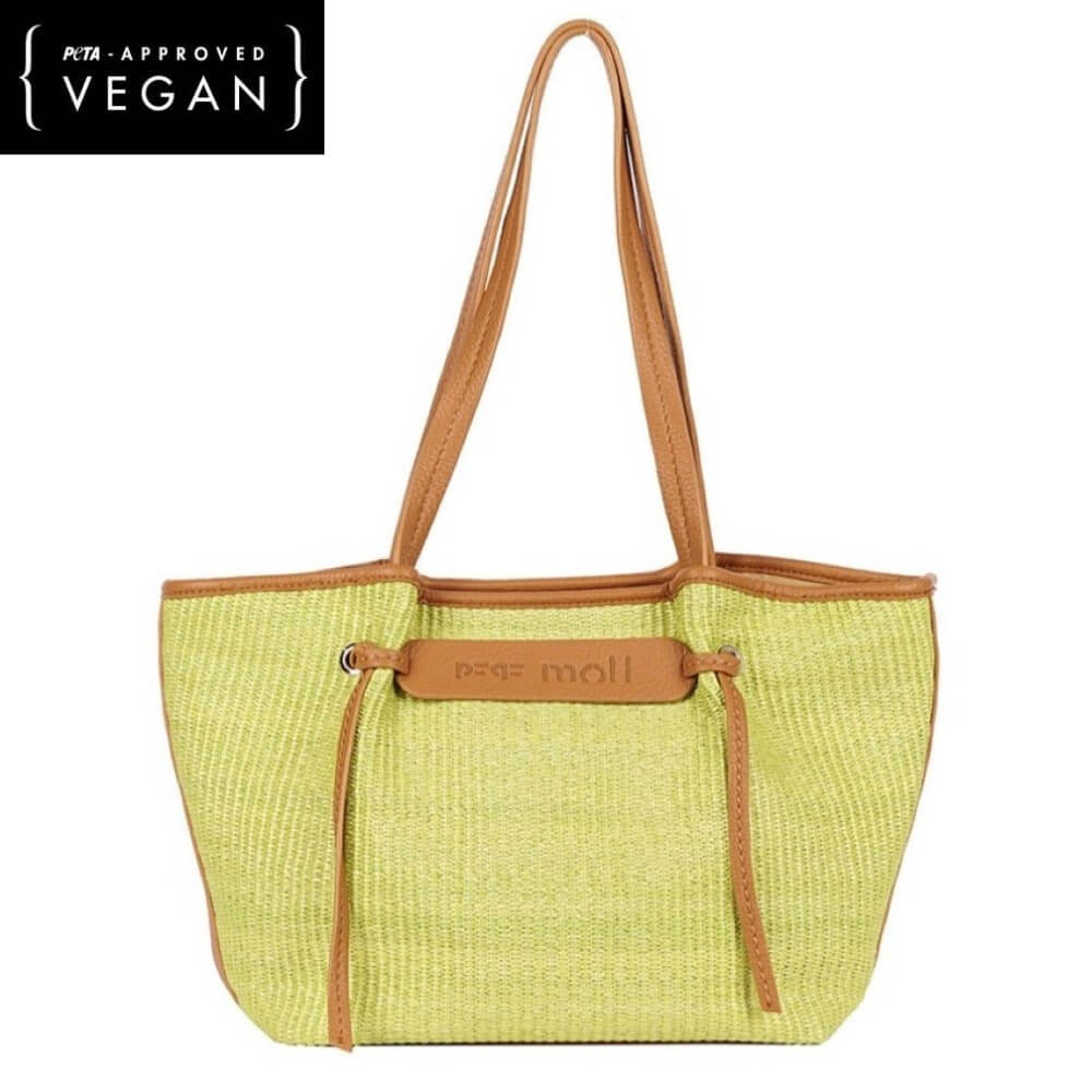 Pepe Moll Lime green tote bag with brown straps on a white background, featuring 'PETA APPROVED VEGAN' label.