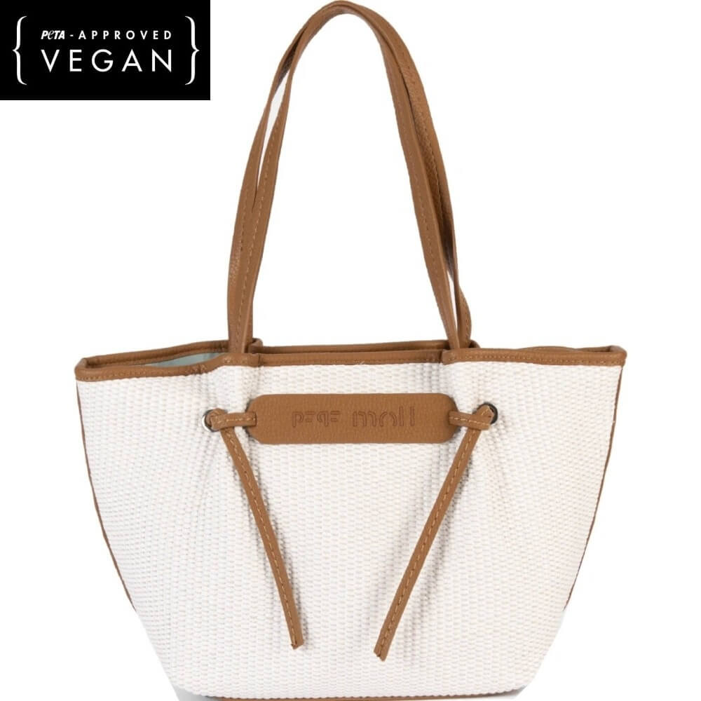 Pepe Moll White tote bag with brown handles and accents on a white background, featuring 'PETA APPROVED VEGAN' label.