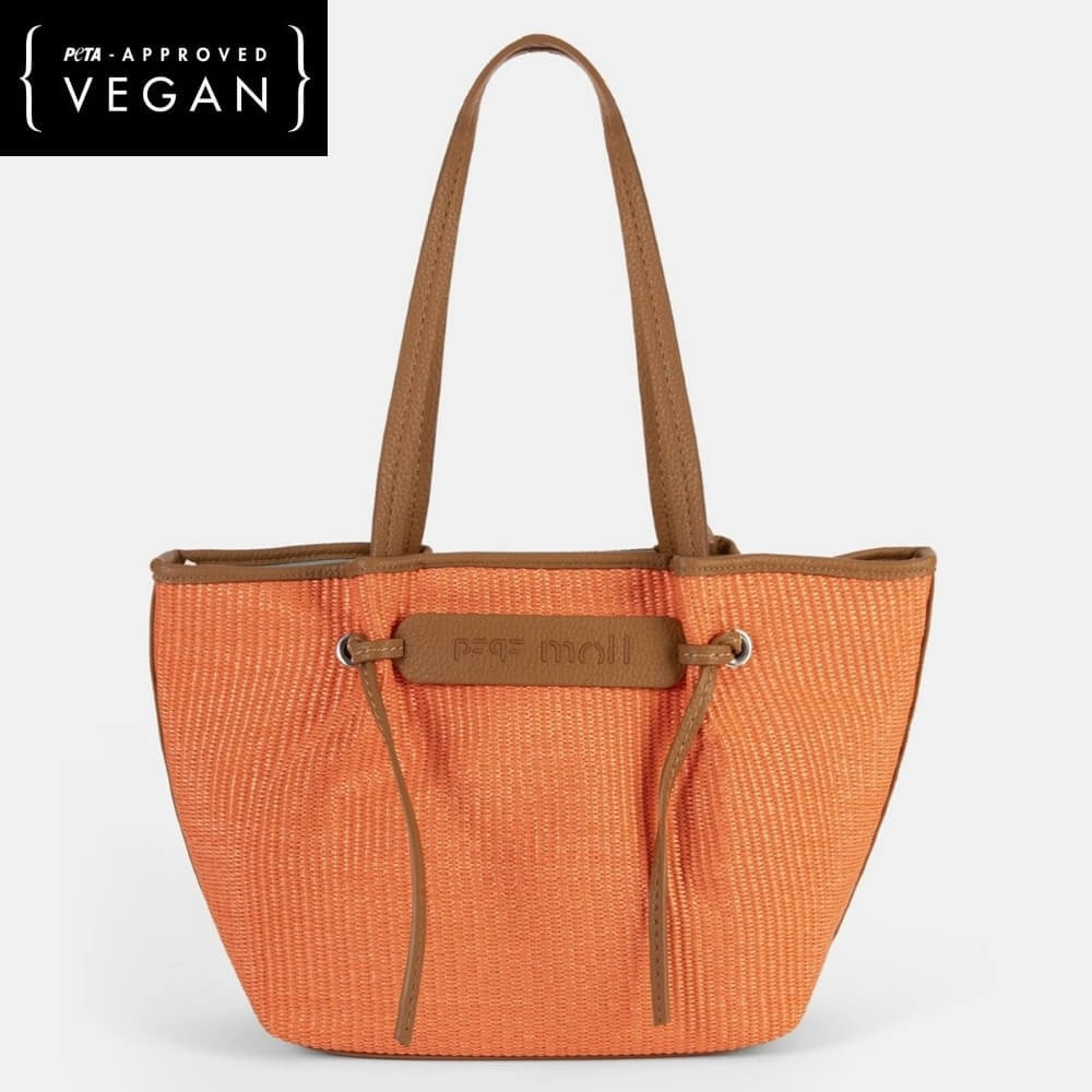 Pepe Moll Orange woven handbag with brown accents on a white background, featuring 'Pac-Mall' branding.
