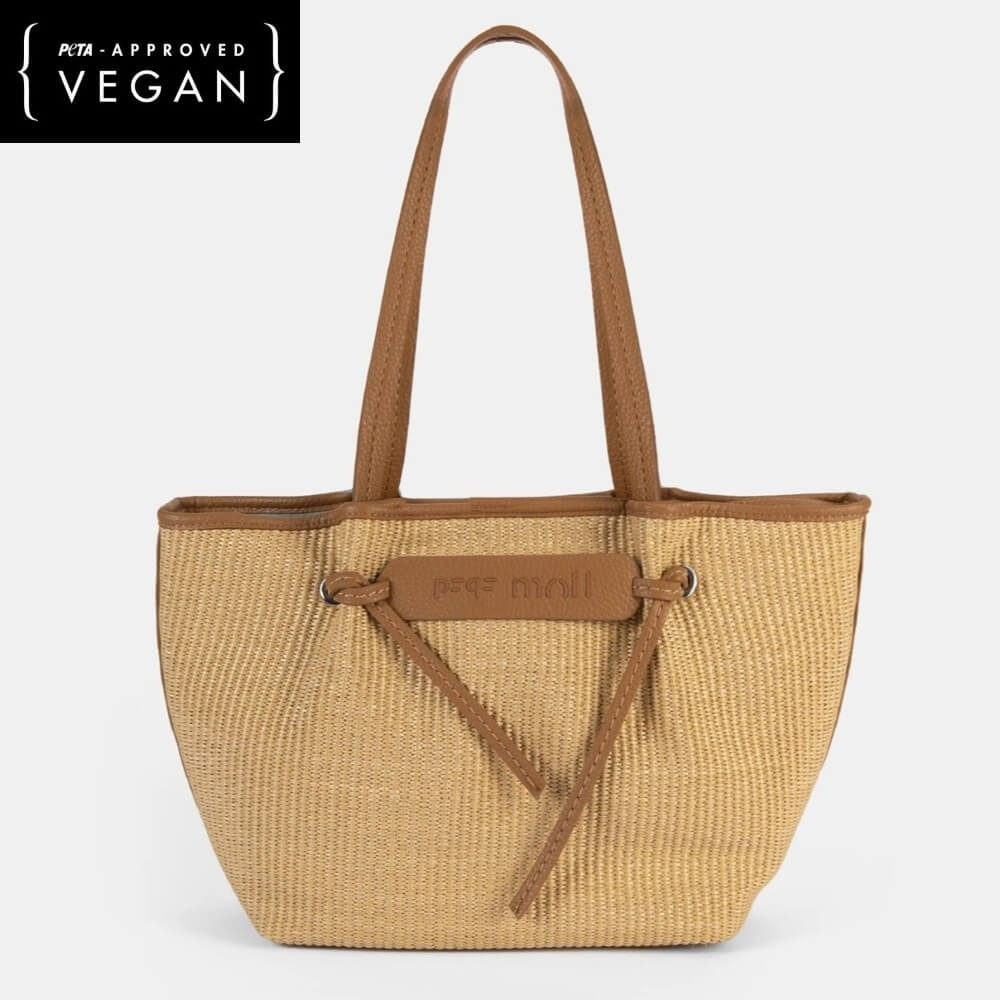 Pepe Moll Beige woven tote bag with brown leather accents on a white background, featuring 'PETA-Approved Vegan' label.