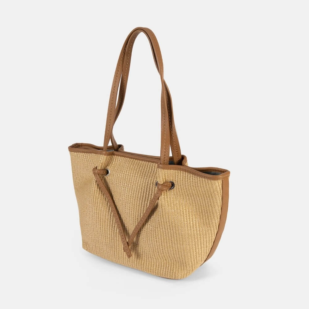 Pepe Moll Beige woven handbag with brown handles on a white background