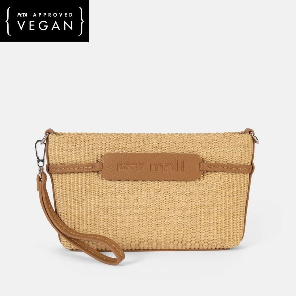 Pepe Moll Woven handbag with leather effect strap and patch on a white background, featuring 'PETA Approved Vegan' label.