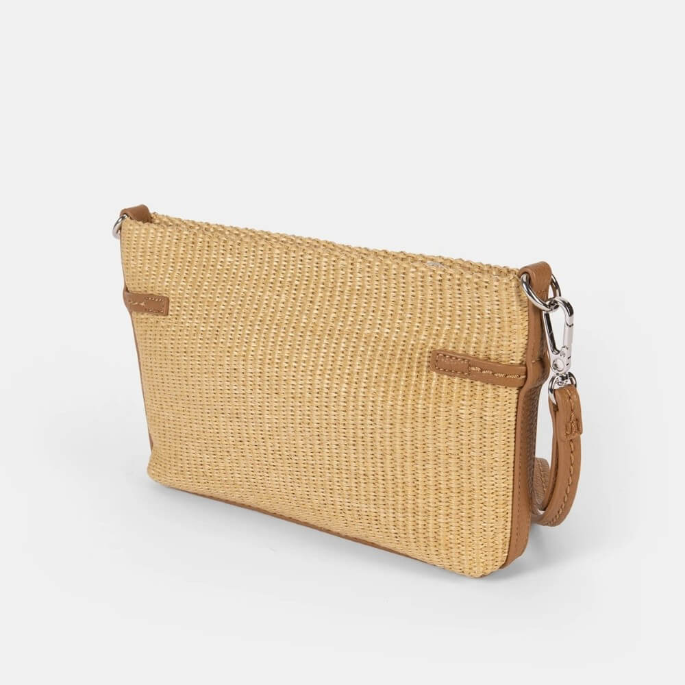 Pepe Moll Woven handbag with leather effect strap and patch on a white background 