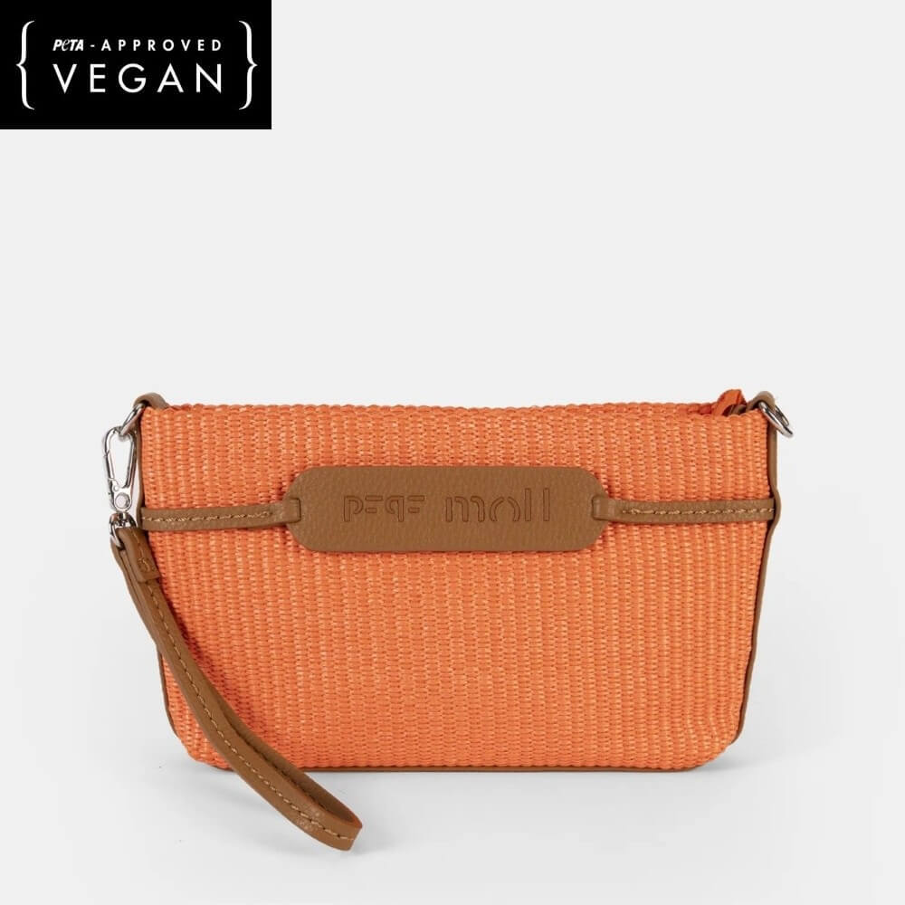 Pepe Moll Orange woven clutch with brown strap and visible brand name on a white background