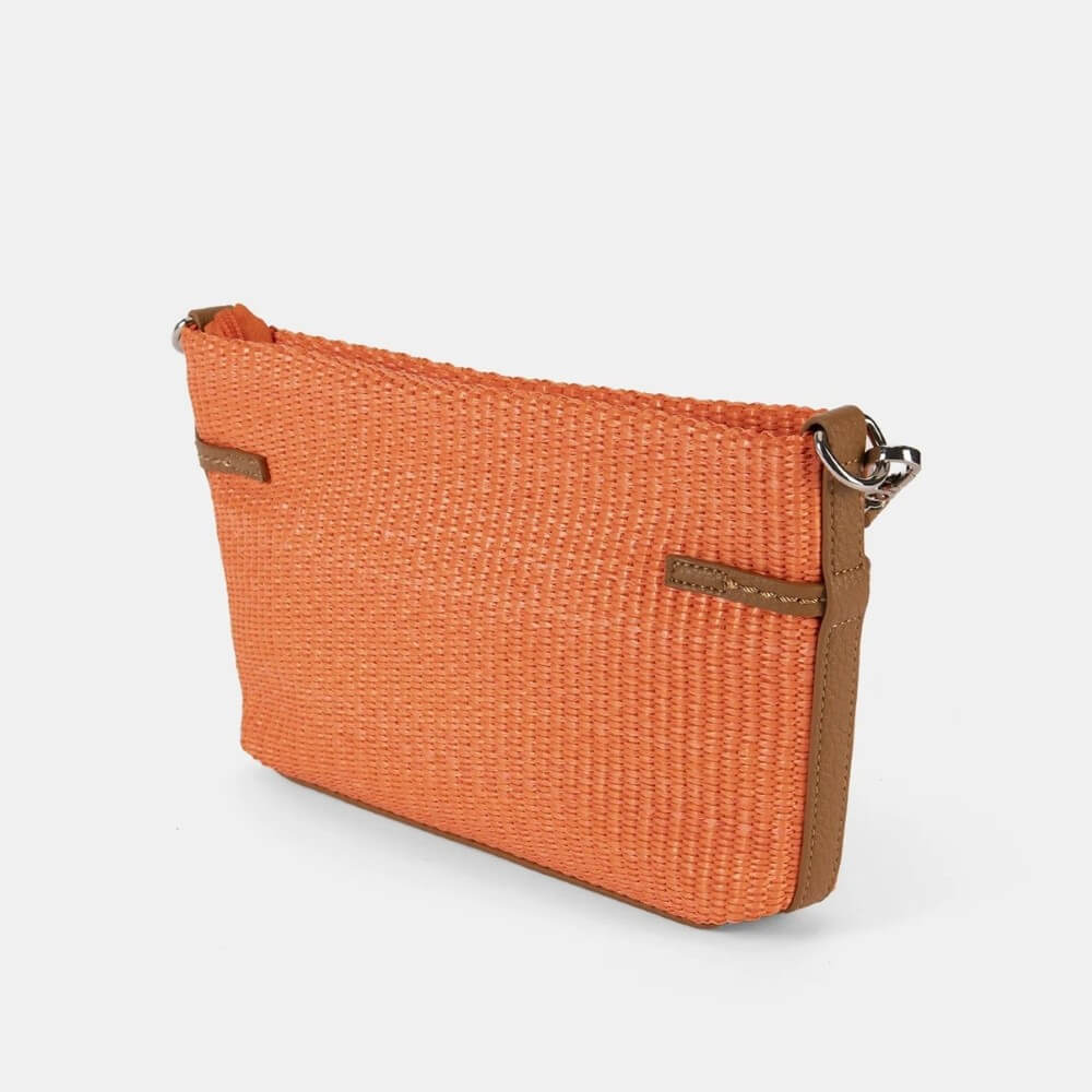 Pepe Moll Orange woven clutch with brown strap and visible brand name on a white background
