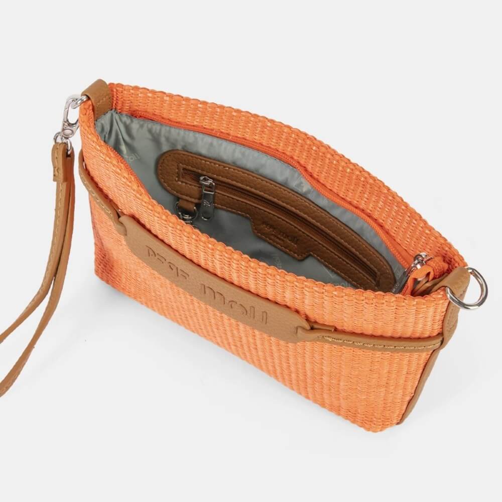 Pepe Moll Orange wristlet with brown strap on a white background