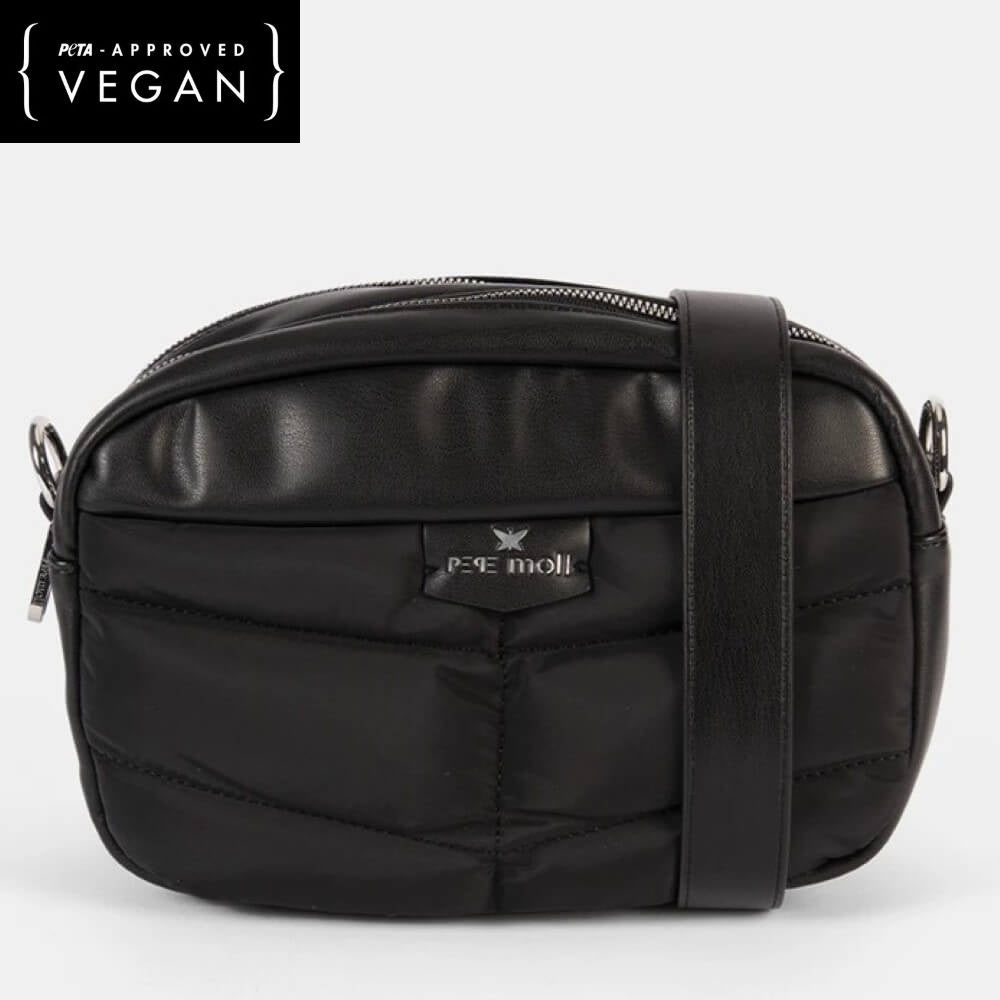 Black vegan leather bag with a visible brand logo on a white background