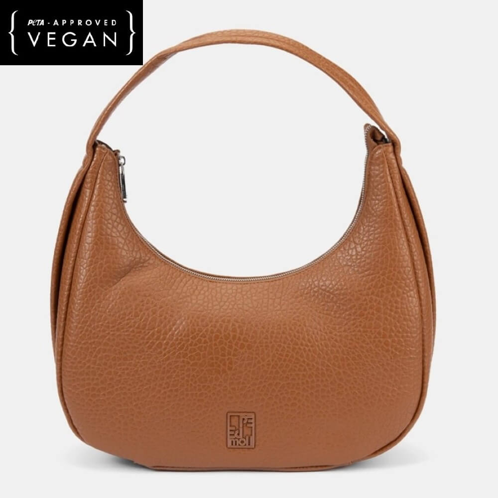 Brown handbag on a white background with 'Vegan' label.