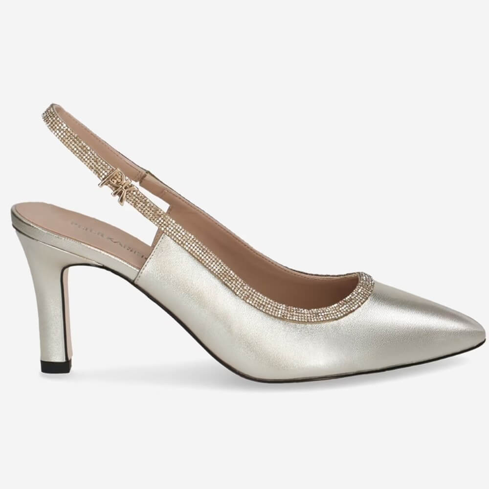 Peter Kaiser Gold high-heeled shoe with a slingback design on a white background