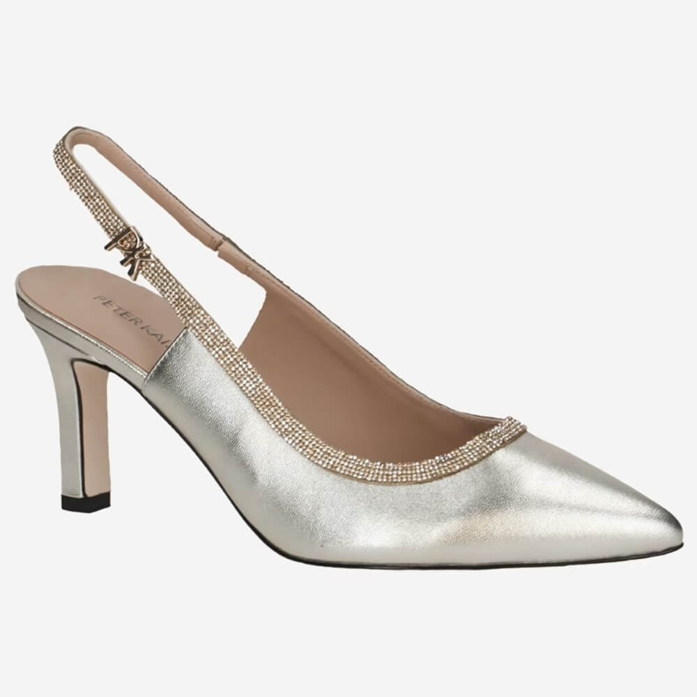 Peter Kaiser Gold high-heeled shoe with a slingback design on a white background