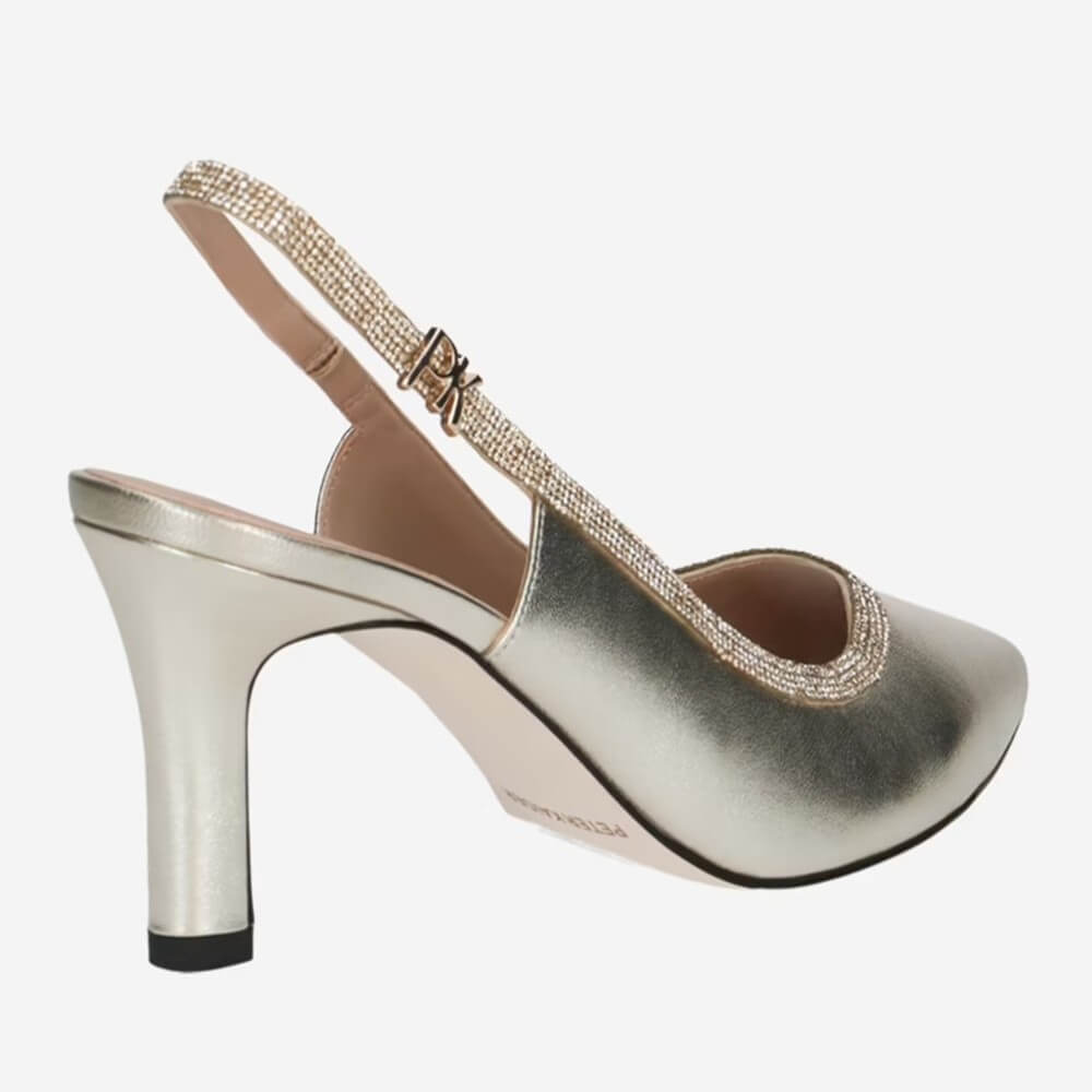Peter Kaiser Gold high-heeled shoe with a slingback design on a white background