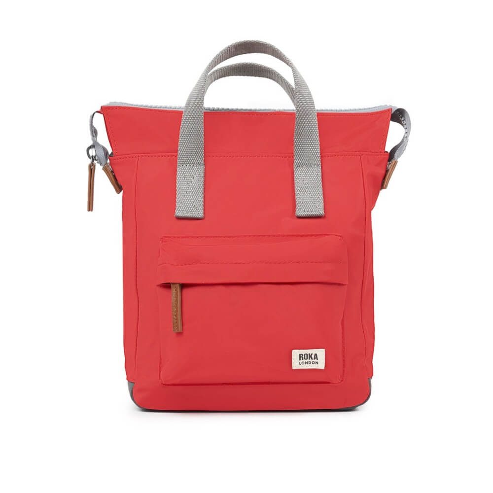Roka Red backpack with gray straps on a white background