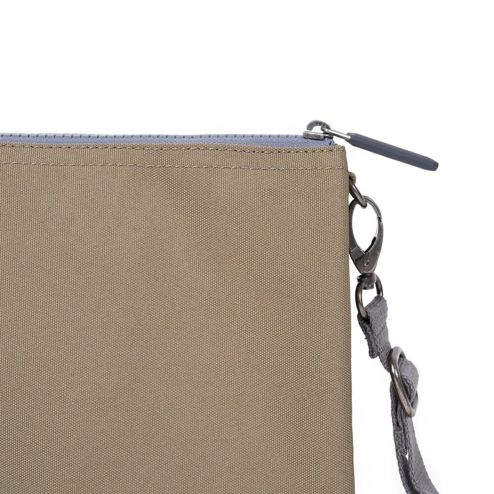 Close-up of a beige pouch with a gray zipper and strap on a white background
