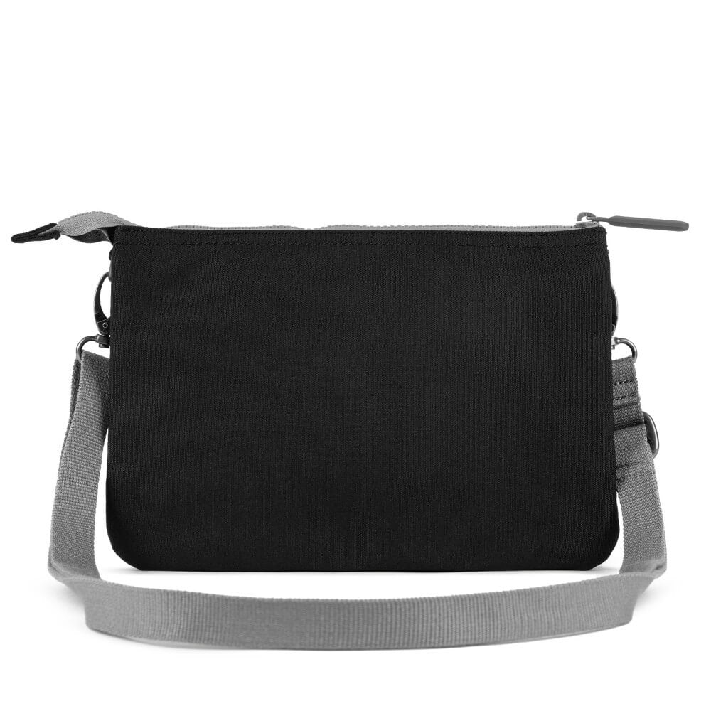 Roka Black crossbody bag with a grey strap on a white background