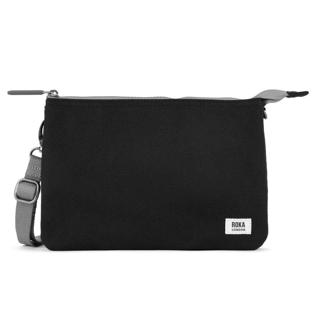 Roka Black crossbody bag with a grey strap on a white background