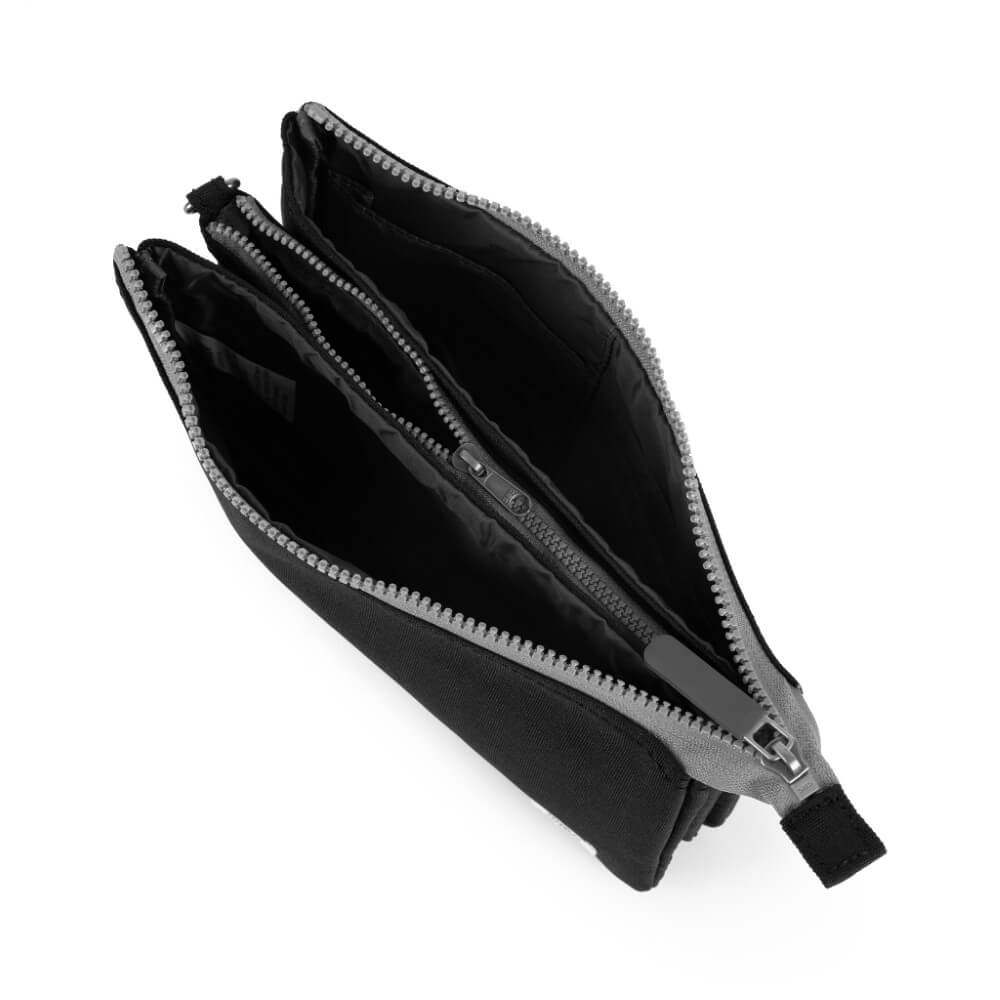 Roka Black crossbody bag with a grey strap on a white background