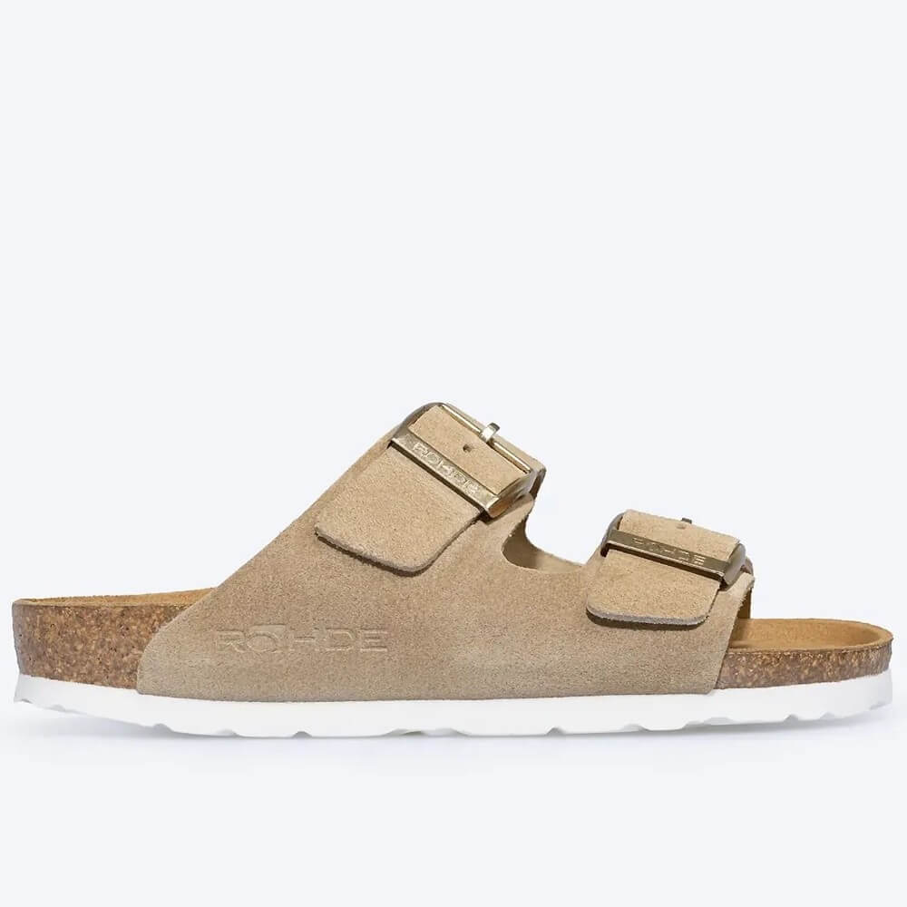 Rohde Ivory sandal with white sole on a light grey background