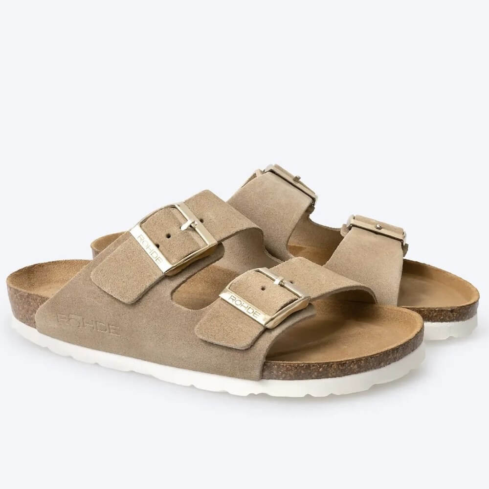 Rohde Ivory sandals with white sole on a light grey background