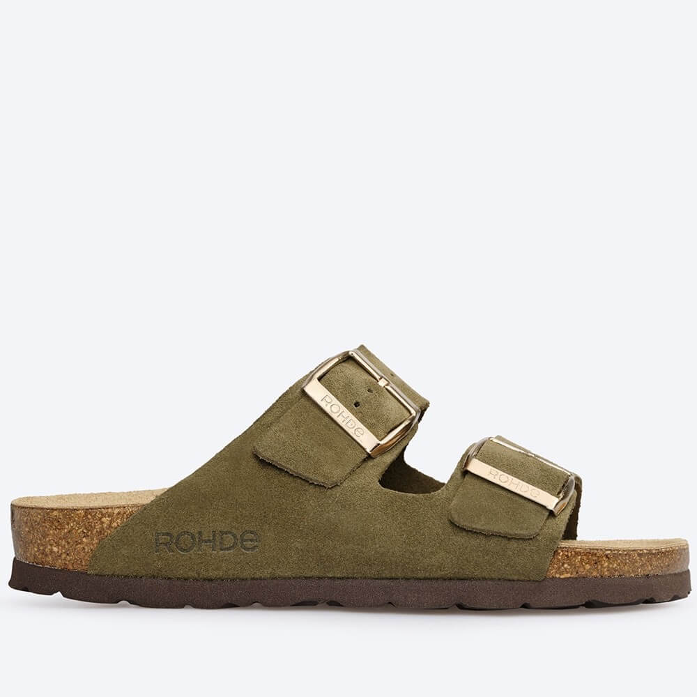 Rohde Fern Green sandal with gold buckles on a white background