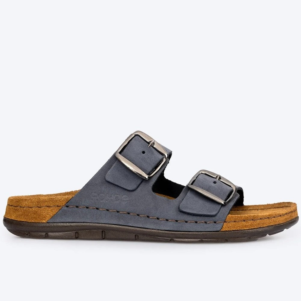 Rohde Navy Blue sandal with brown sole on a white background 