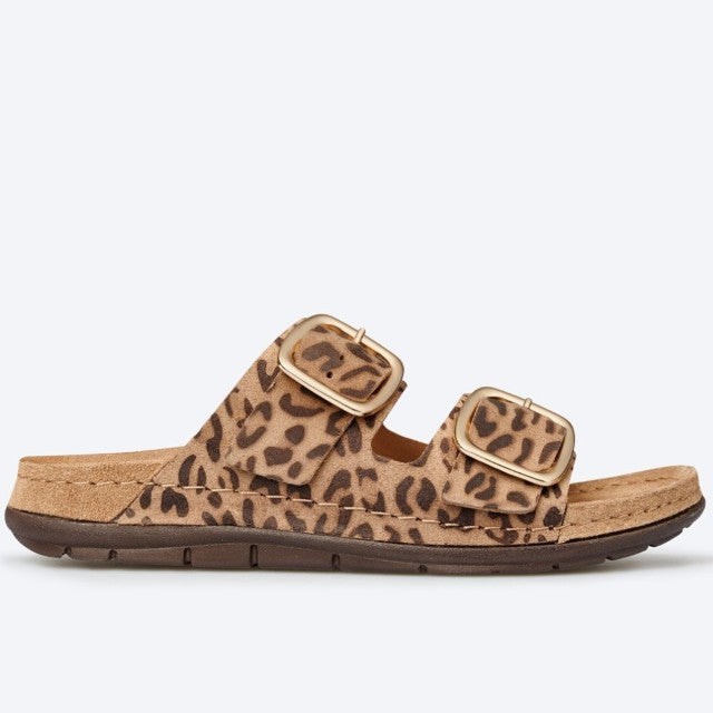 Rohde Leopard print sandal with gold buckles on a white background