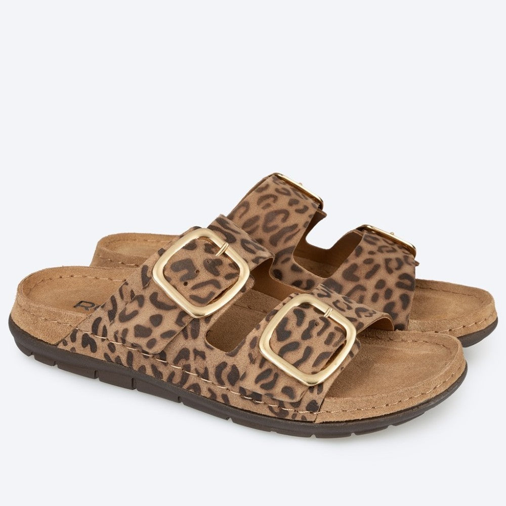 Rohde Leopard print sandals with gold buckles on a white background