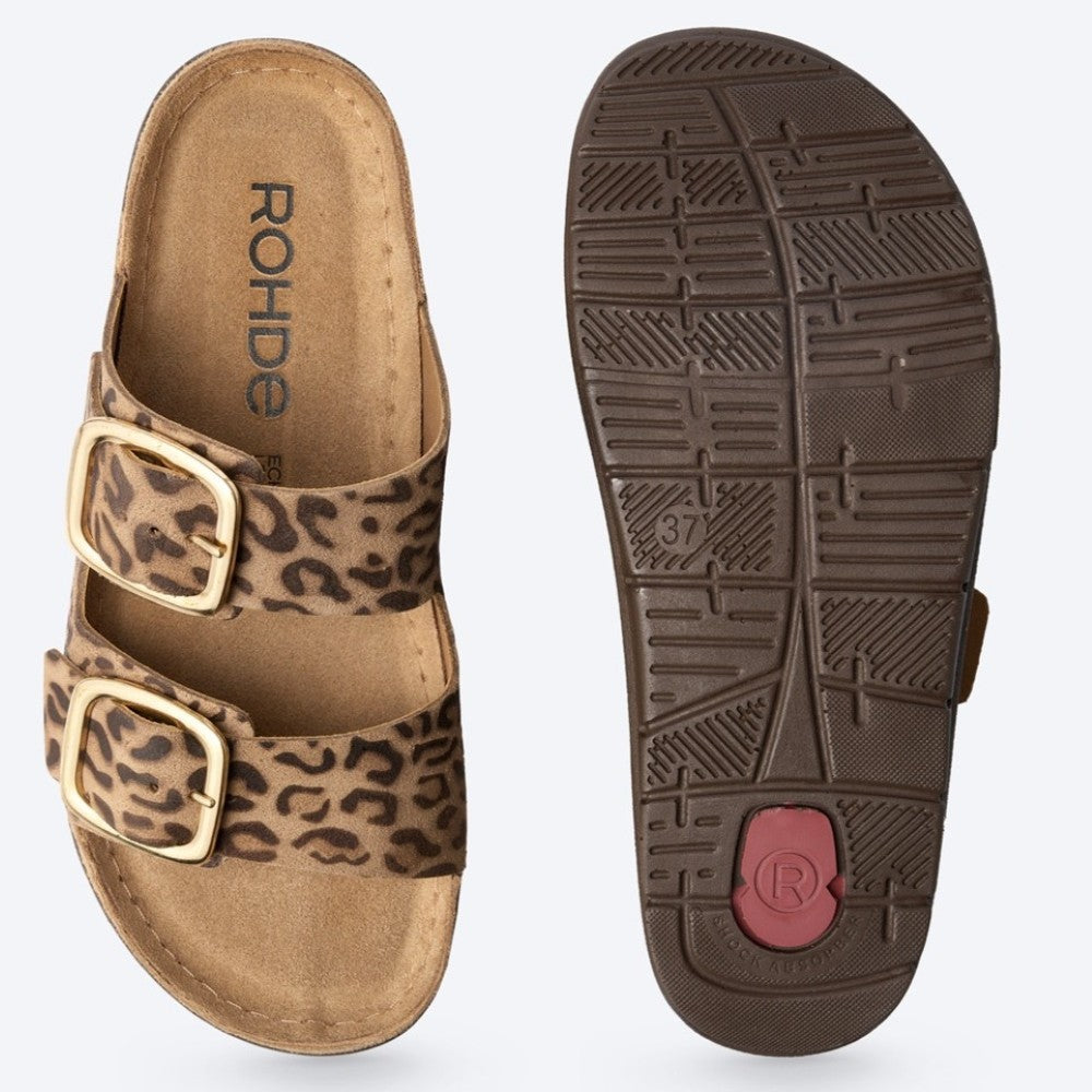 Rohde Leopard print sandals with gold buckles on a white background