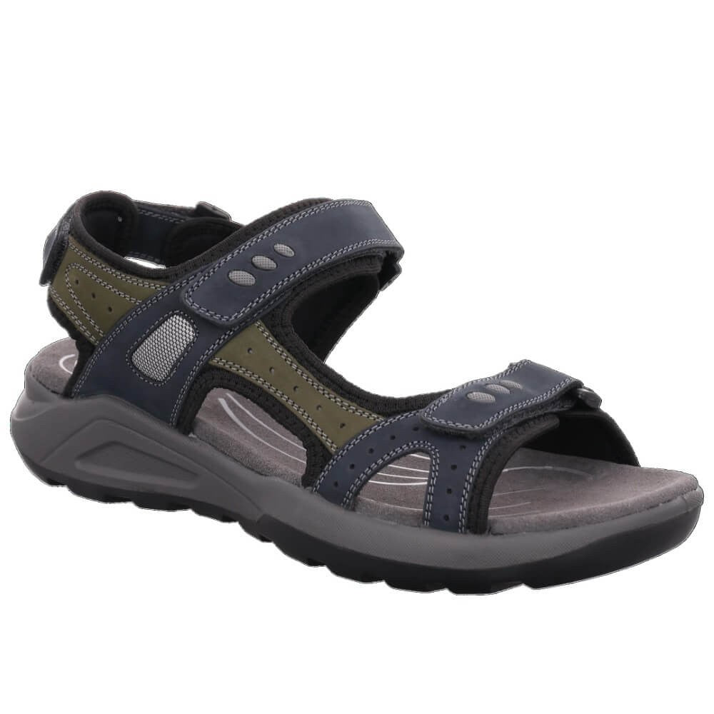 Rohde Navy and grey sandal with multiple Velcro straps on a white background