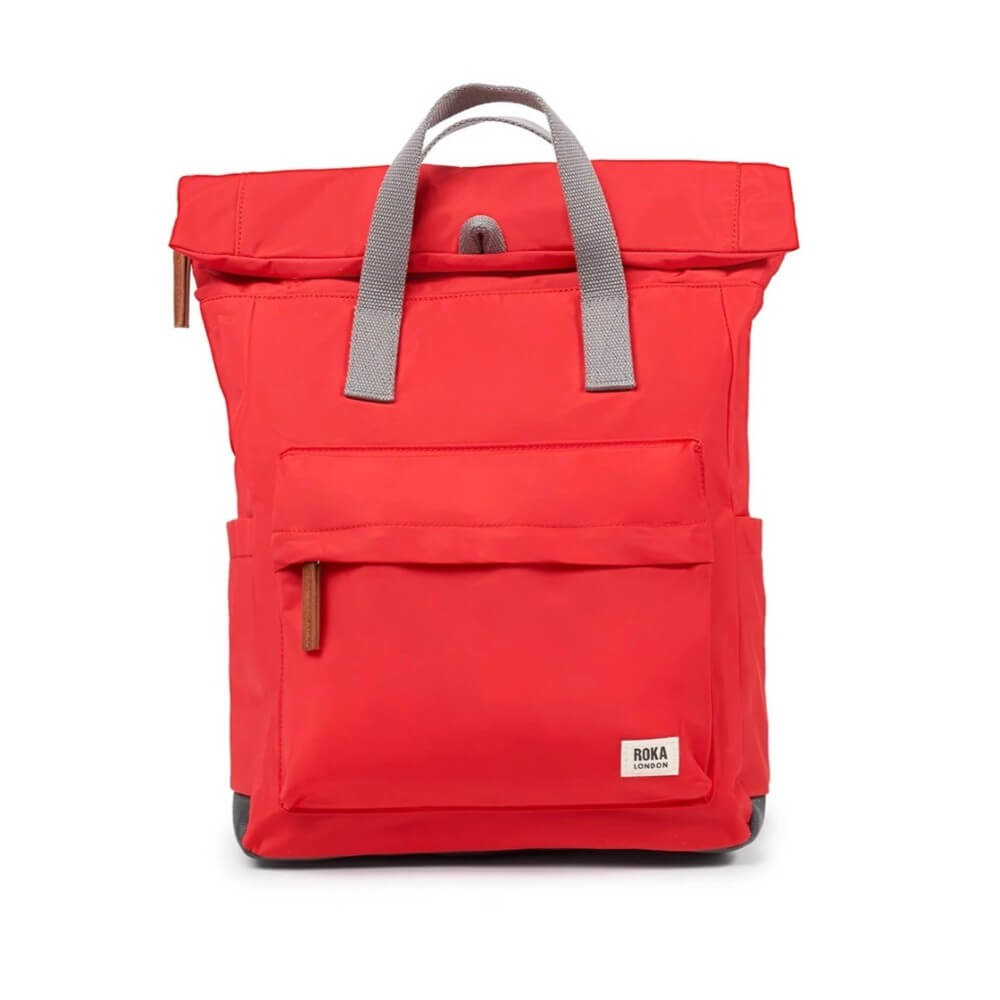 Red backpack with gray straps on a white background