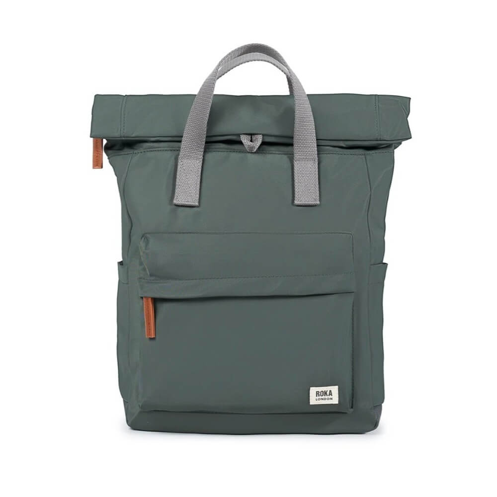 Thyme Green backpack with grey handles on a white background
