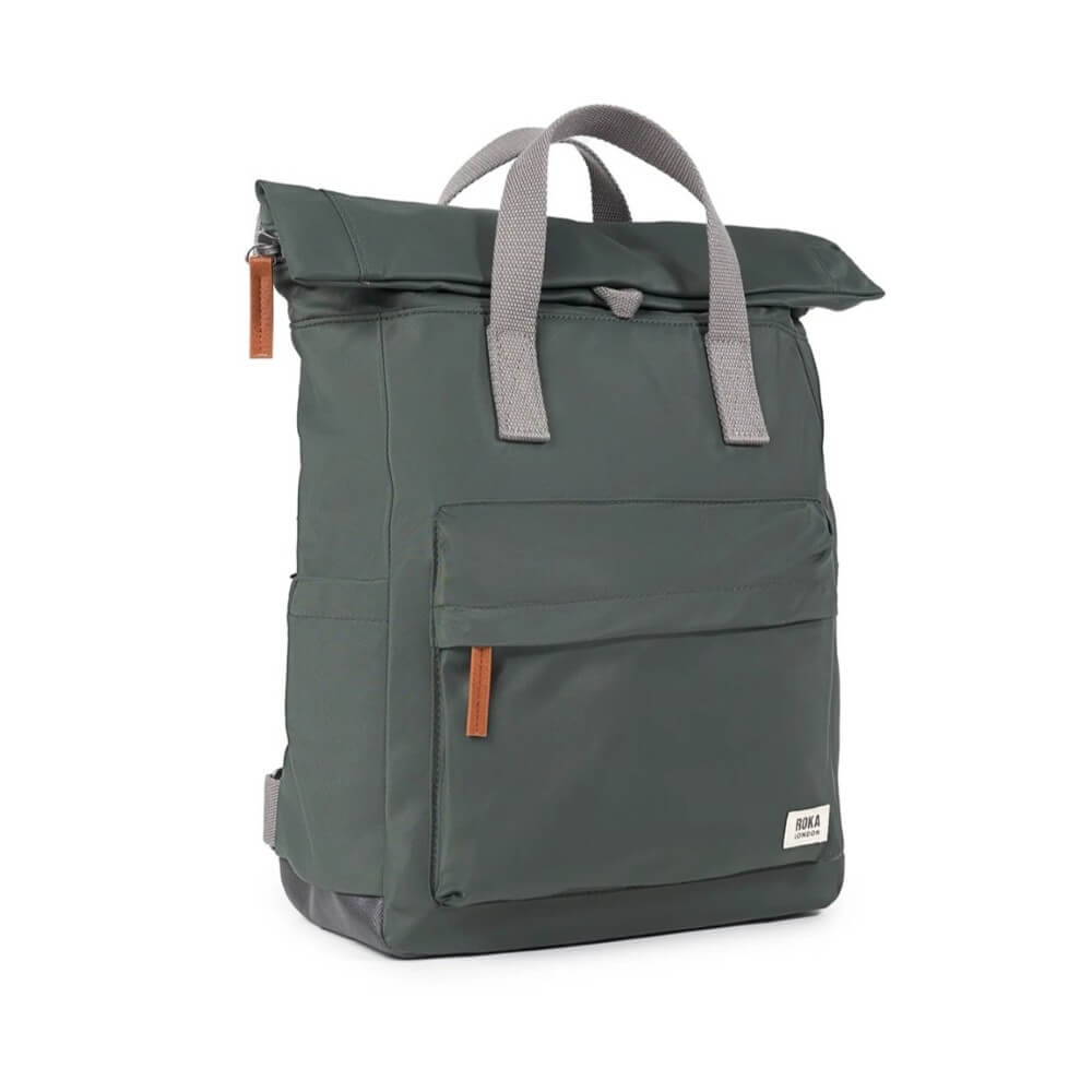 Thyme Green backpack with grey handles on a white background