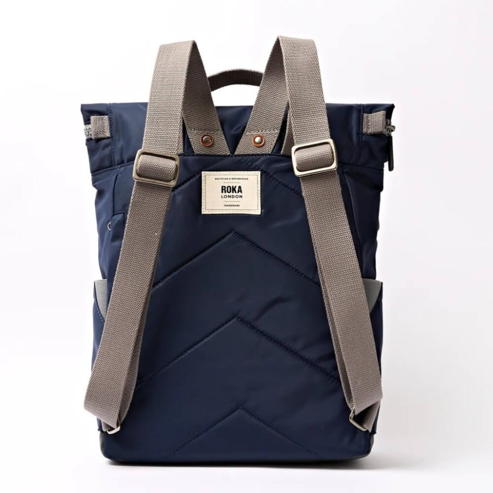 Navy blue backpack with gray straps on a white background