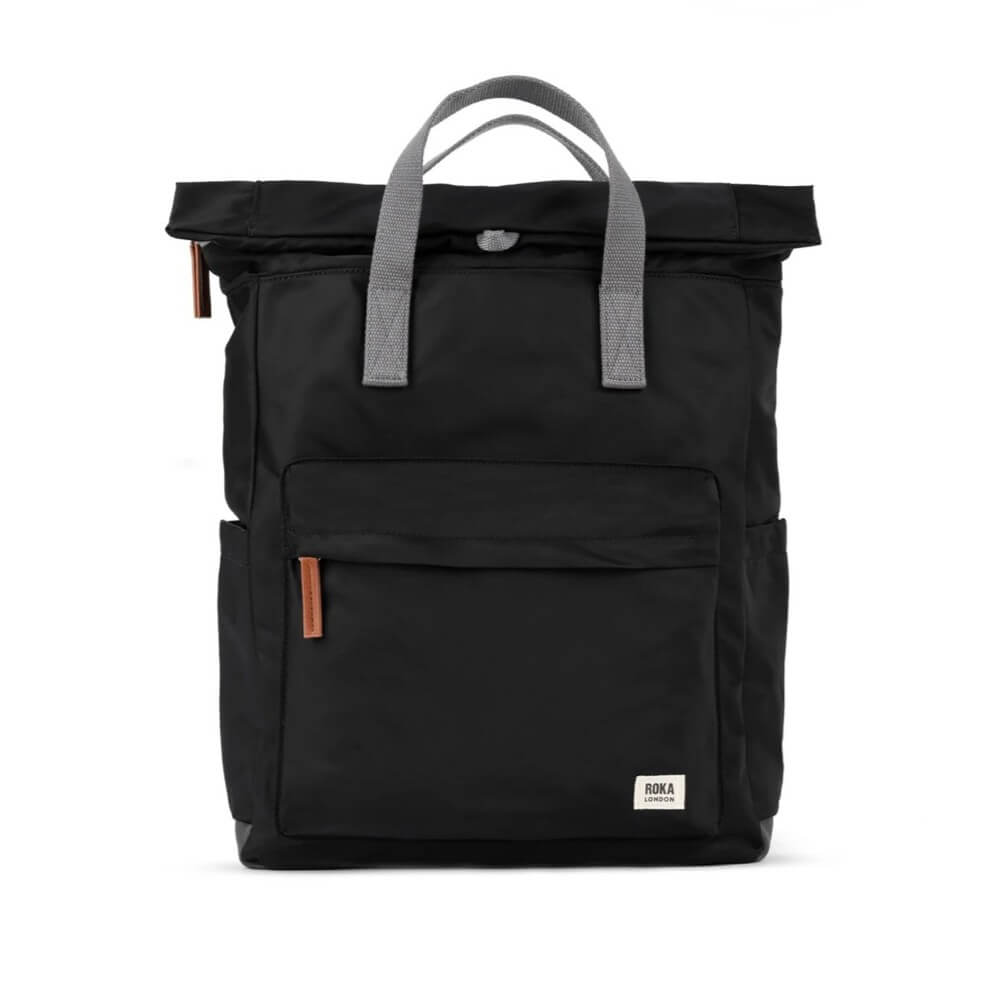 Black backpack with gray handles on a white background